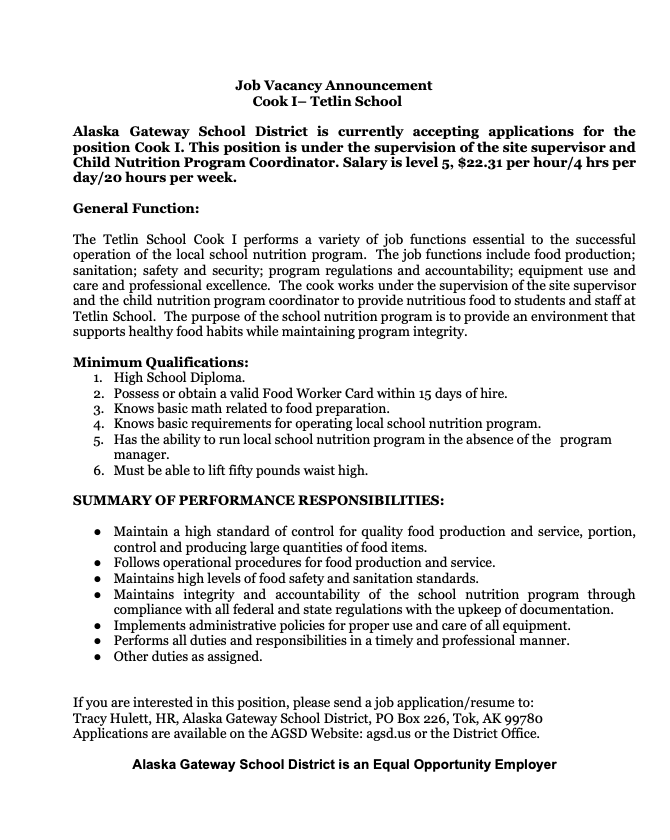 Job Vacancy - Tetlin School Cook I