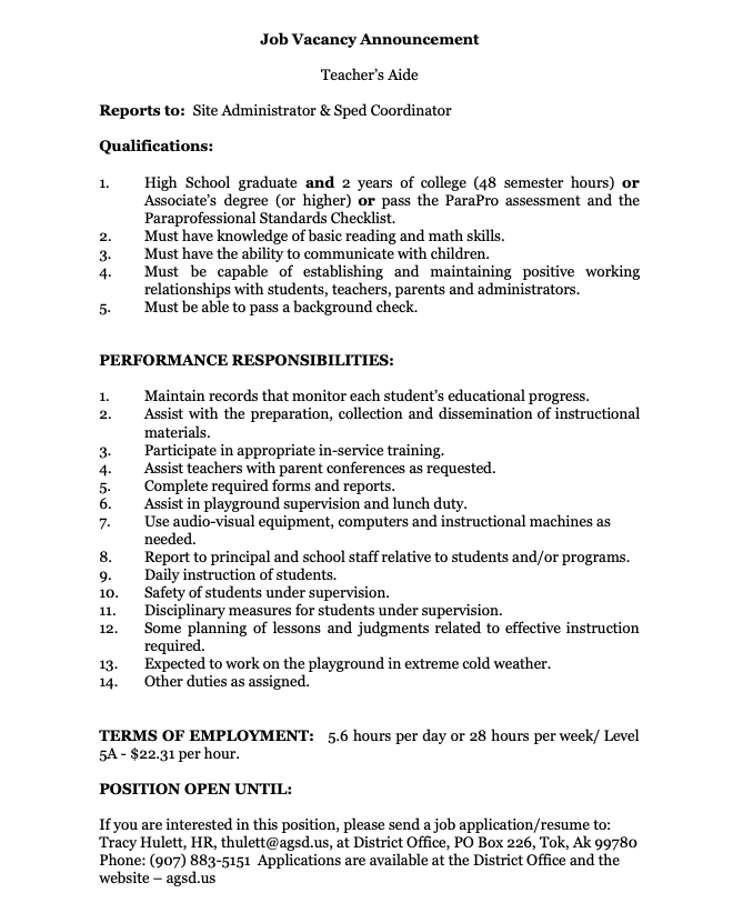 Job Vacancy - Teachers Aide