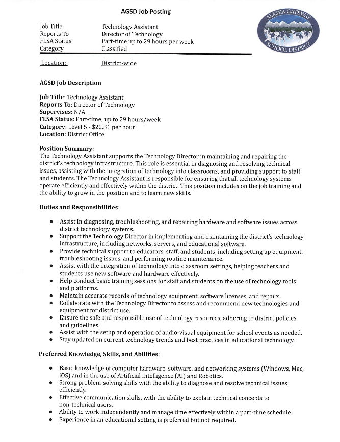Job Vacancy - Technology Assistant Posted 8/4/25 Open until 8/11/25 or Until Filled