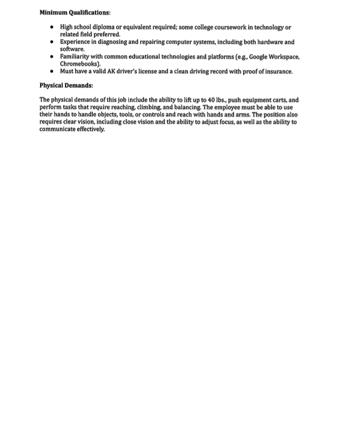 Job Vacancy - Technology Assistant Posted 8/4/25 Open until 8/11/25 or Until Filled