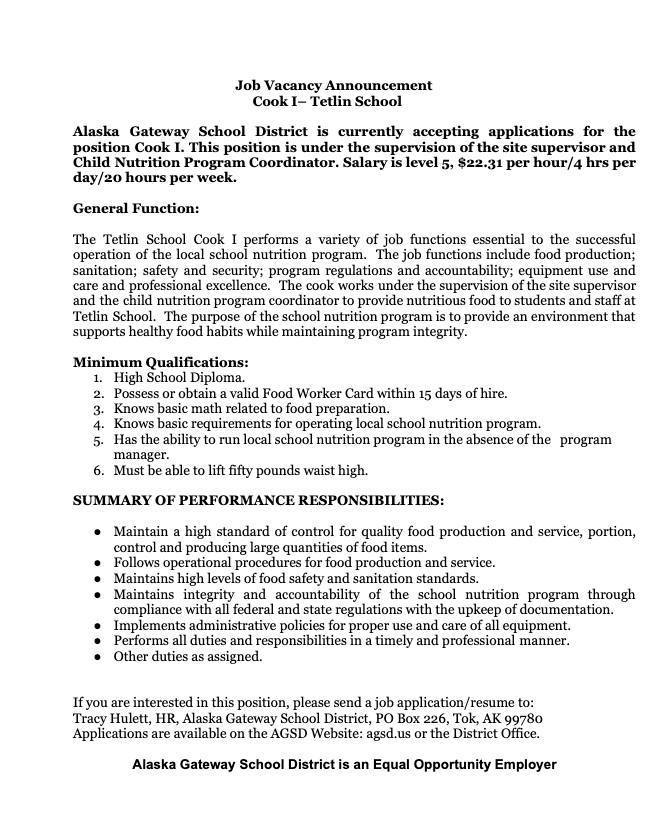 Job Vacancy Tetlin Cook