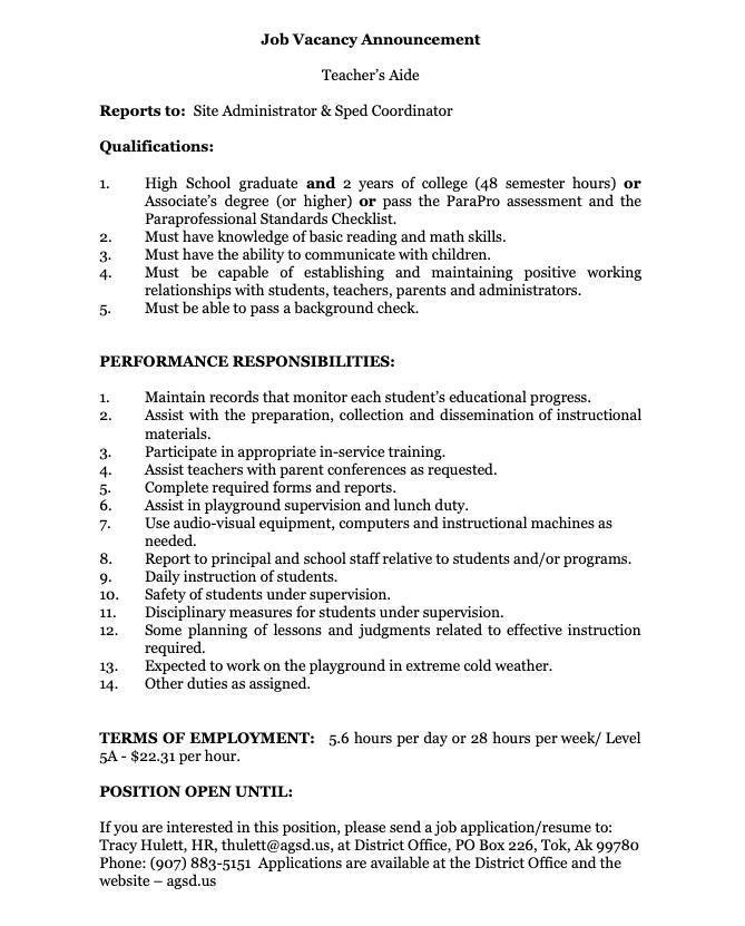 Job Vacancy - Mentasta Teacher's Aide