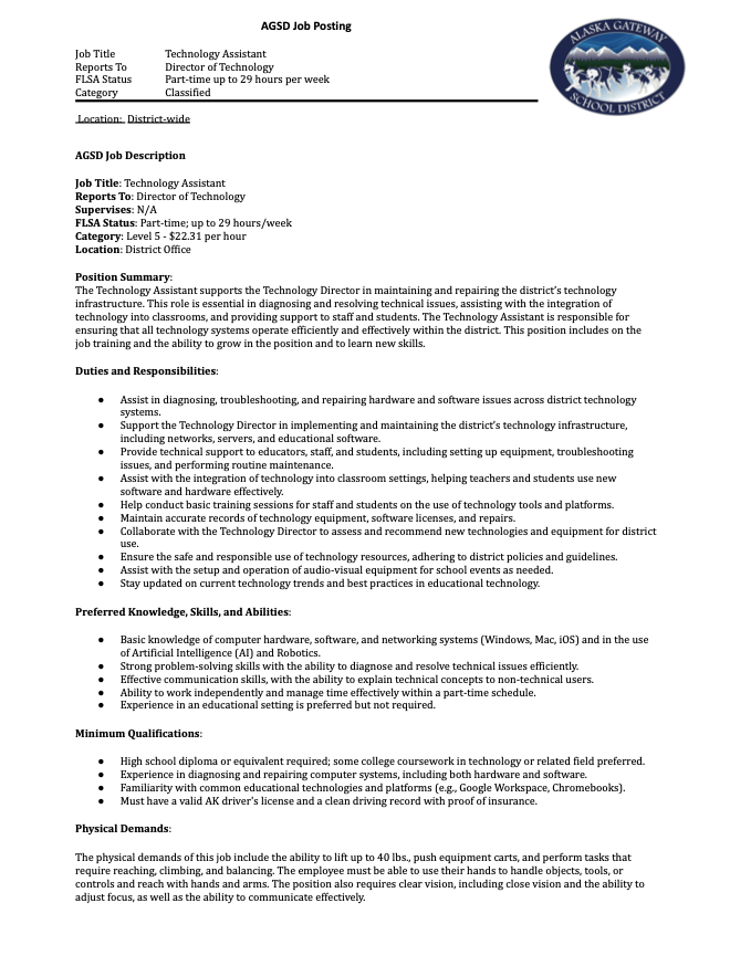 Job Vacancy - Technology Assistant  