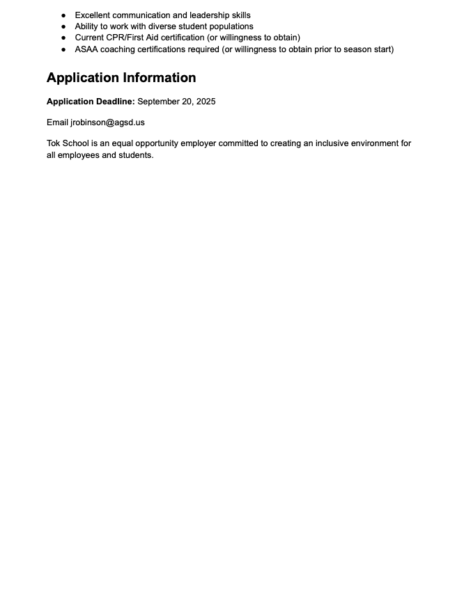 Job Vacancy - Tok School Wrestling Coach Job Posted 9/9/25