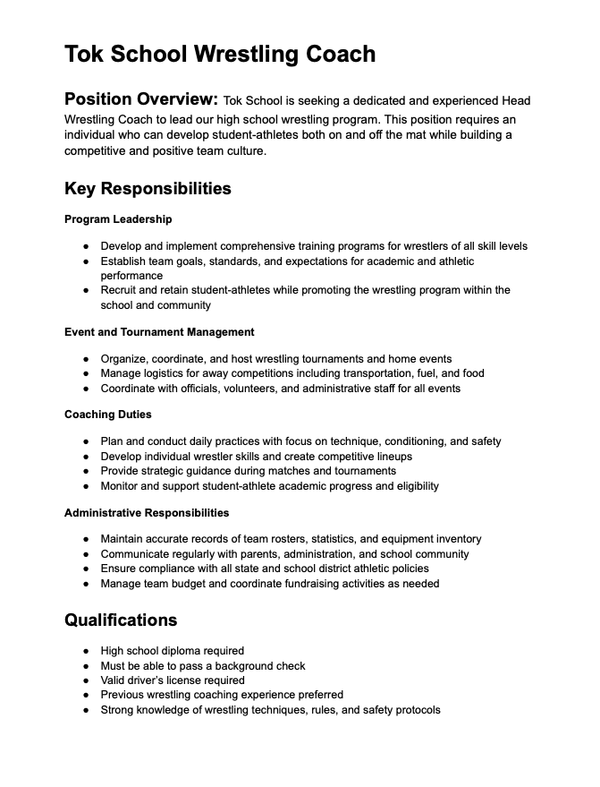 Job Vacancy - Tok School Wrestling Coach Job Posted 9/9/25