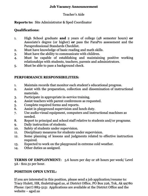 Job Vacancy - Tok School Teacher's Aide - 2 Positions Available Posted: 9/16/25