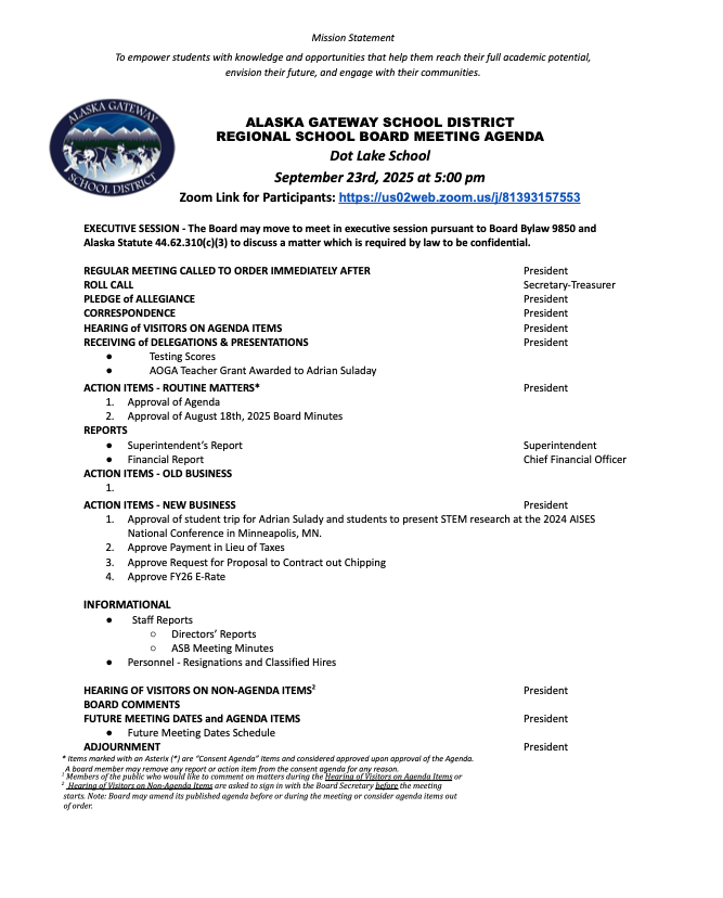 September 23rd, 2025 RSB Agenda 