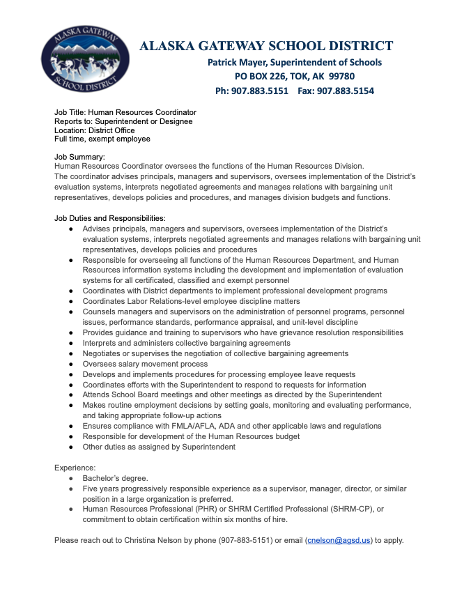 Job Vacancy - Human Recourse Coordinator