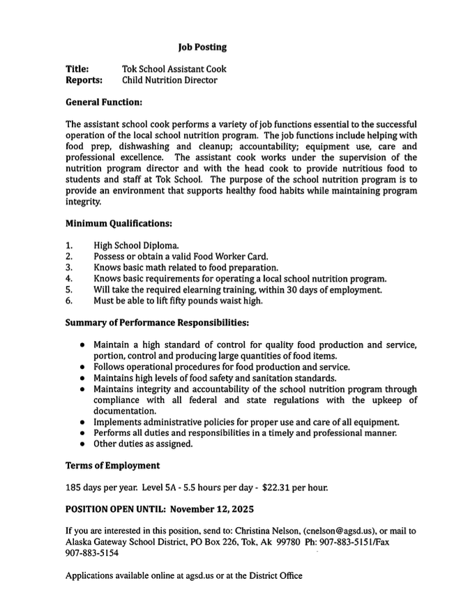 Job Vacancy - Tok School Assistant Cook