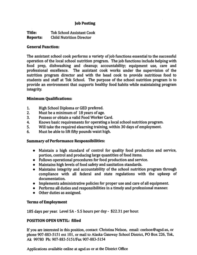 Job Vacancy Tok Assistant Cook