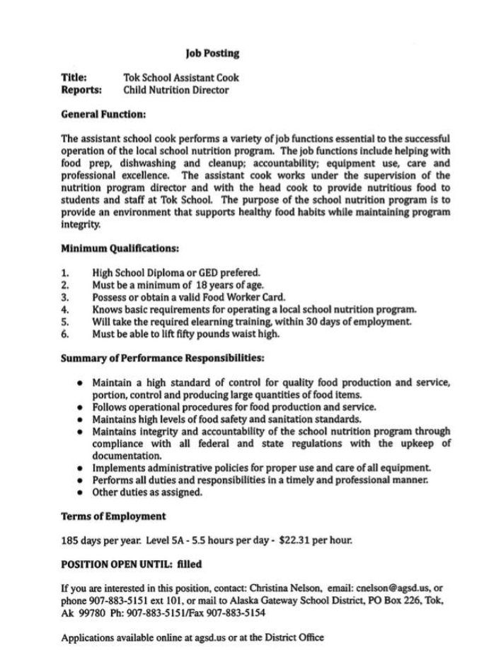 Job Vacancy - Tok School Assistant Cook