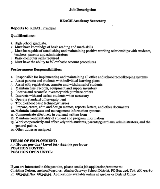 Job Vacancy - REACH Academy Secretary  Posted: 1/7/26 