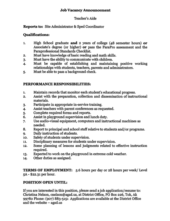 Job Vacancy - Special Education Aide Tok School Posted: 1/7/26