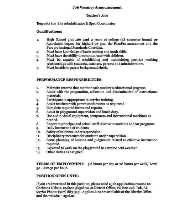 Job Vacancy - 2 Positions for Teacher's Aide - Tetlin School