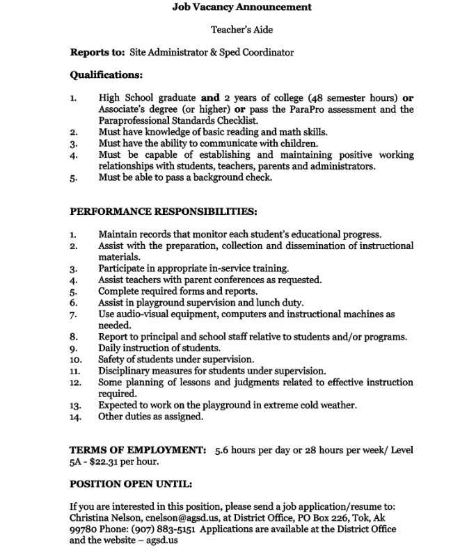 Job Vacancy - Teacher's Aide - Mentasta Lake Katie John School