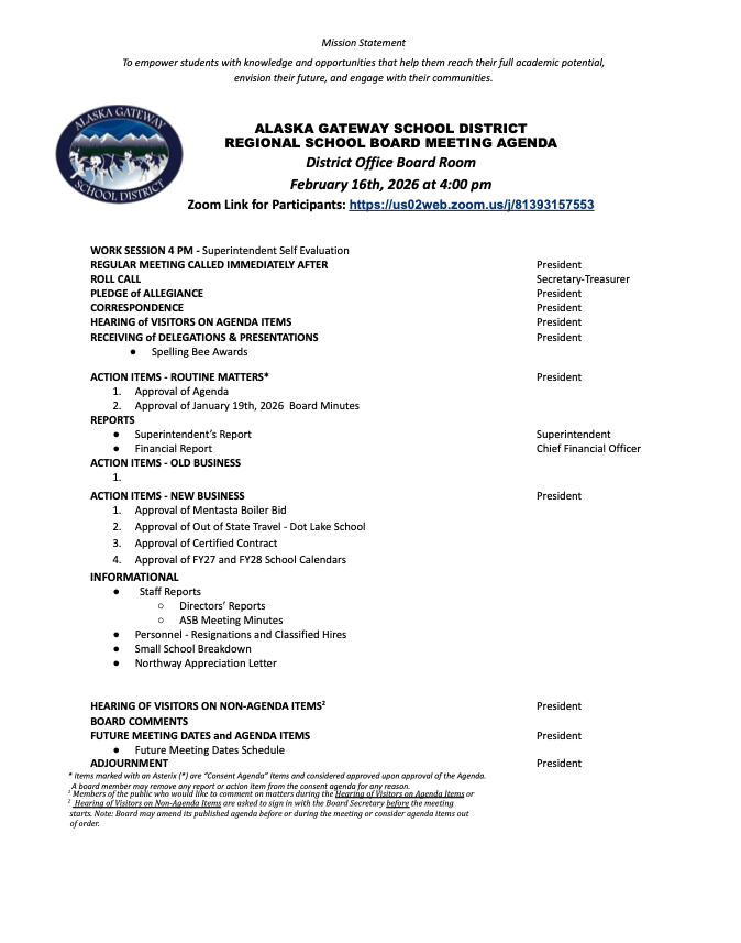 February 16, 2024 Regional School Board Meeting Agenda