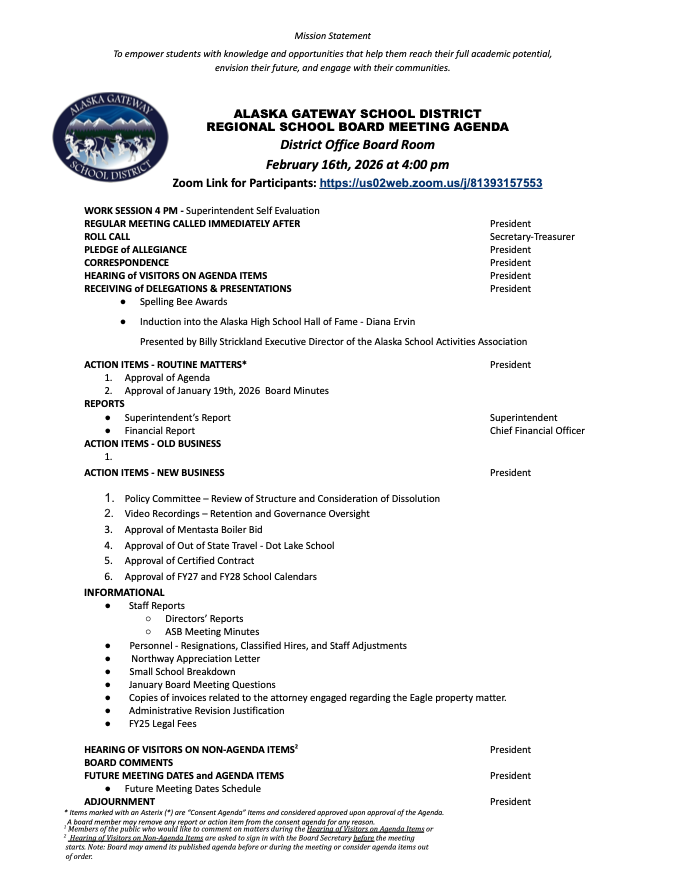 February 16, 2024 Updated Regional School Board Meeting Agenda