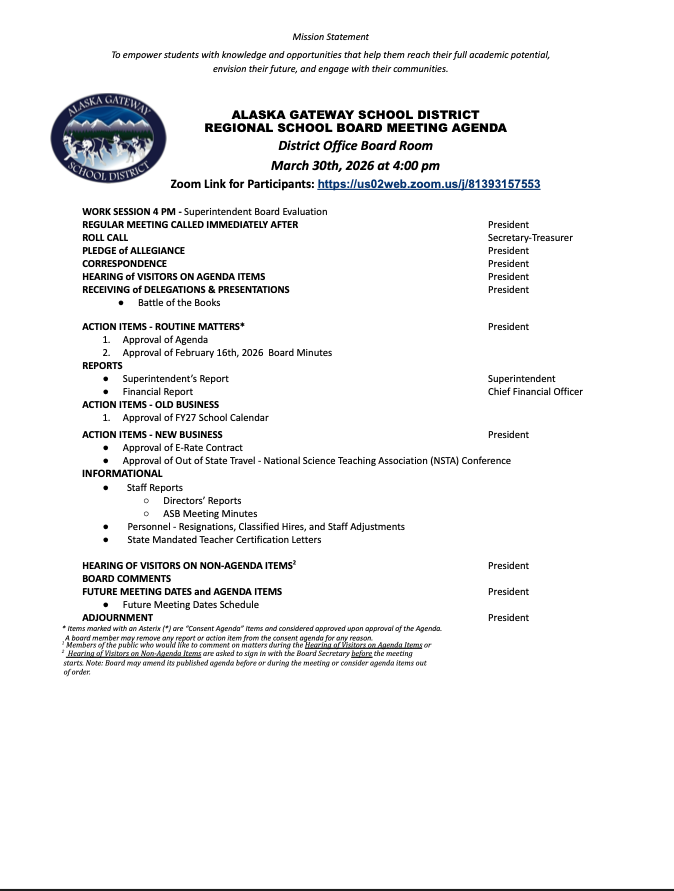 March 30, 2026 Regional School Board Agenda Zoom link: https://us02web.zoom.us/j/81393157553
