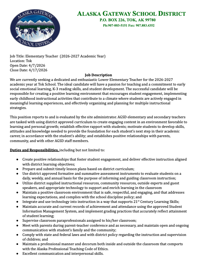 Job Vacancy - Tok Elementary Teacher 