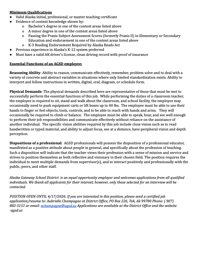 Job Vacancy - Tok Elementary Teacher 