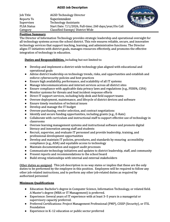 Job Vacancy - Technology Director 