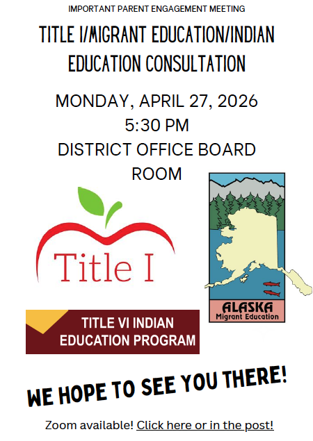 Dear Parents and Community Members,  This is a friendly reminder that our annual ESEA and Indian Education parent/community meeting is taking place THIS EVENING at 5:30 PM in the boardroom at the District Office.  We hope to see you there! If you are unable to attend in person, you are welcome to join us virtually via Zoom:  https://us02web.zoom.us/j/81159215229?pwd=Ml3YYijiBvnzBqMtk8vD1apub1vrYF.1  Your voice matters, and we value your involvement in our federal programs. We look forward to seeing you this evening!