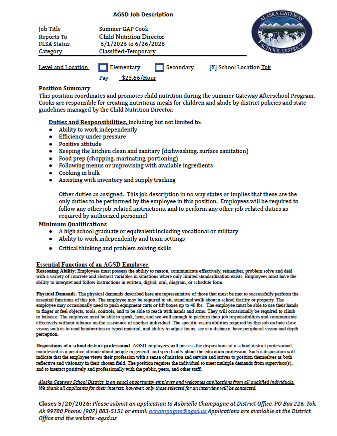 Job Vacancy - Tok School Summer GAP Cook  Posted: 5/5/26