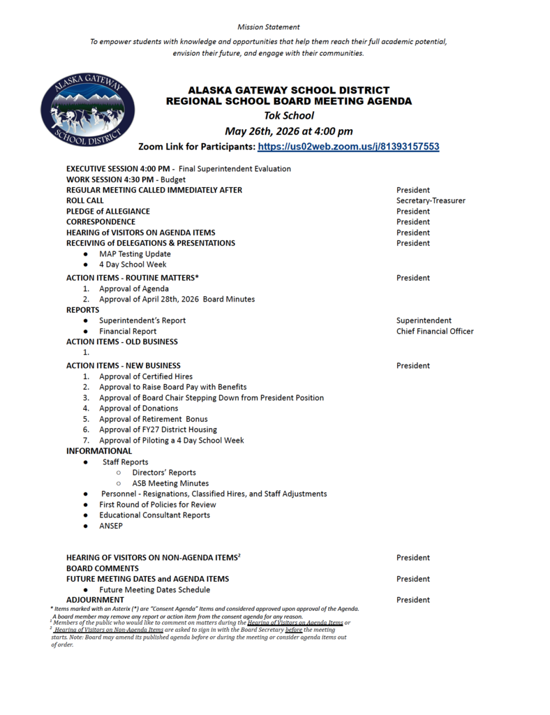 May 26th, 2026 Regional School Board Meeting Agenda Zoom link for meeting: https://us02web.zoom.us/j/81393157553 