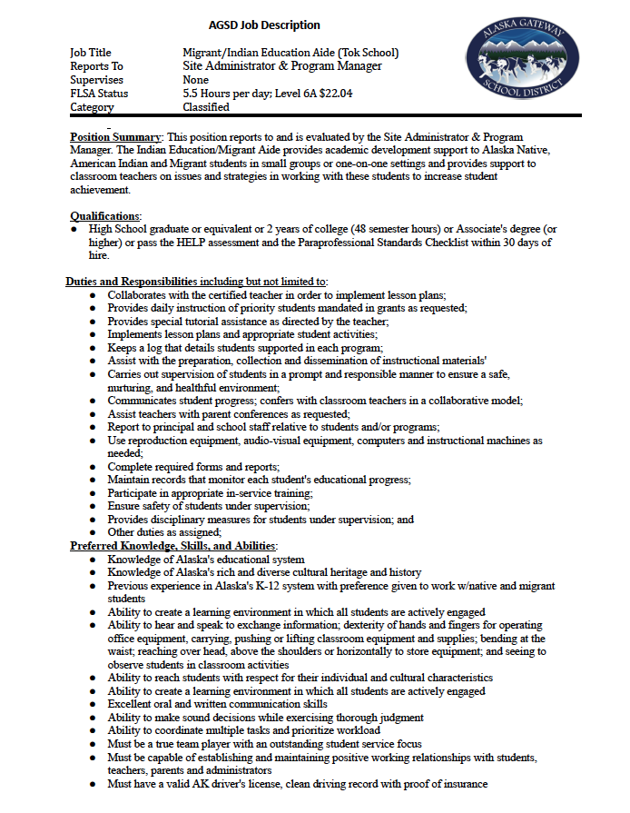 Job Vacancy - Migrant/Indian Education Aide