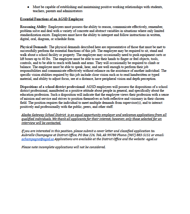 Job Vacancy - Teacher's Aide