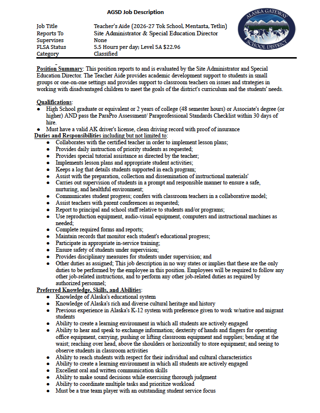 Job Vacancy - Teacher's Aide