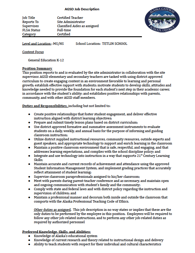 Job Vacancy - Certified Teacher