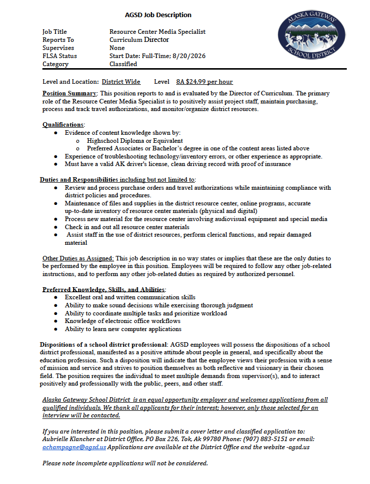 Job Vacancy - Resource Center Media Specialist