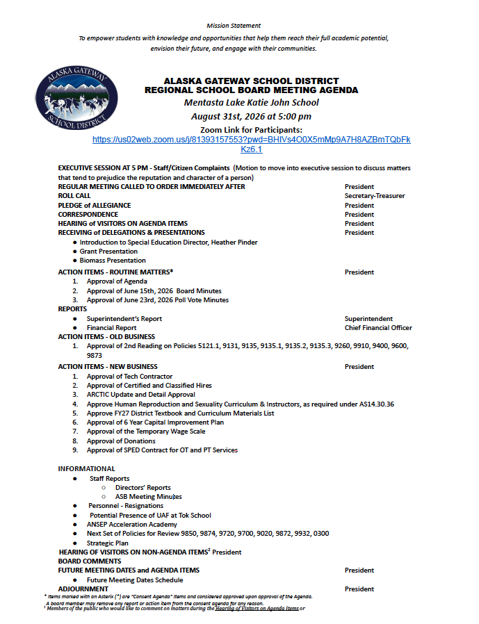 Agenda for August 31st, 2026 Regional School Board Meeting Zoom Link: https://us02web.zoom.us/j/81393157553?pwd=BHIVs4O0X5mMp9A7H8AZBmTQbFkKz6.1 