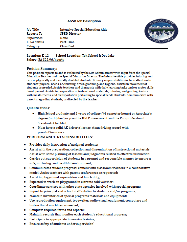 Job Vacancy - Intensive SPED Aide - Tok and Dot Lake