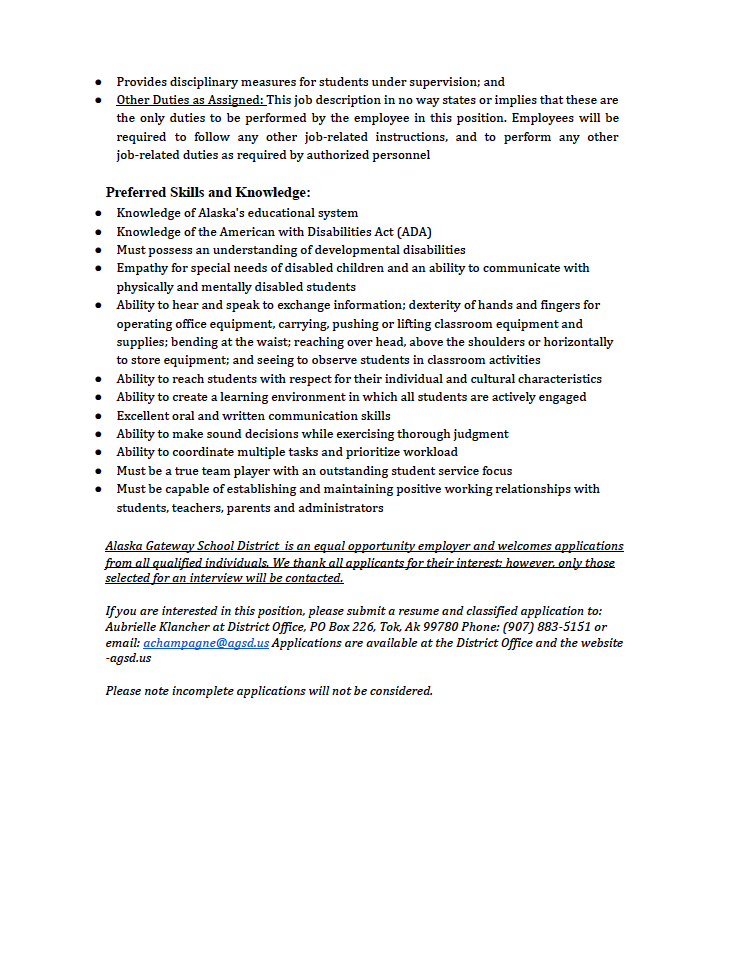 Job Vacancy - Intensive SPED Aide - Tok and Dot Lake