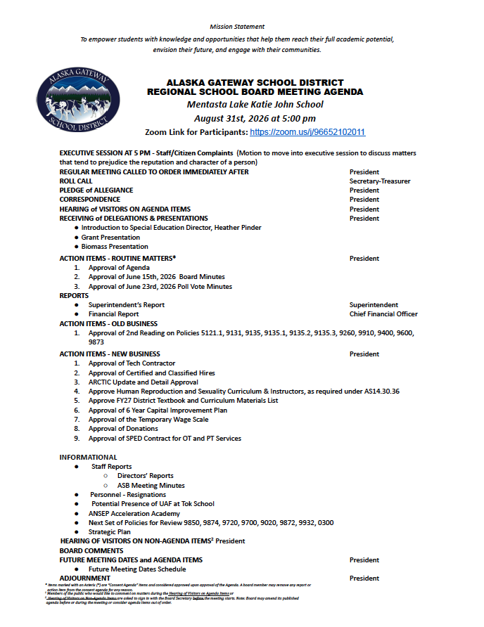PLEASE NOTE THAT THE ZOOM LINK HAS BEEN CHANGED August 31, 2026 Regional School Board Agenda  Zoom link: https://zoom.us/j/96652102011 