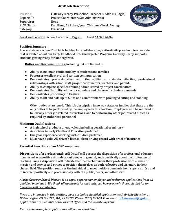 Gateway Ready Pre-School Teacher’s Aide II (Eagle)