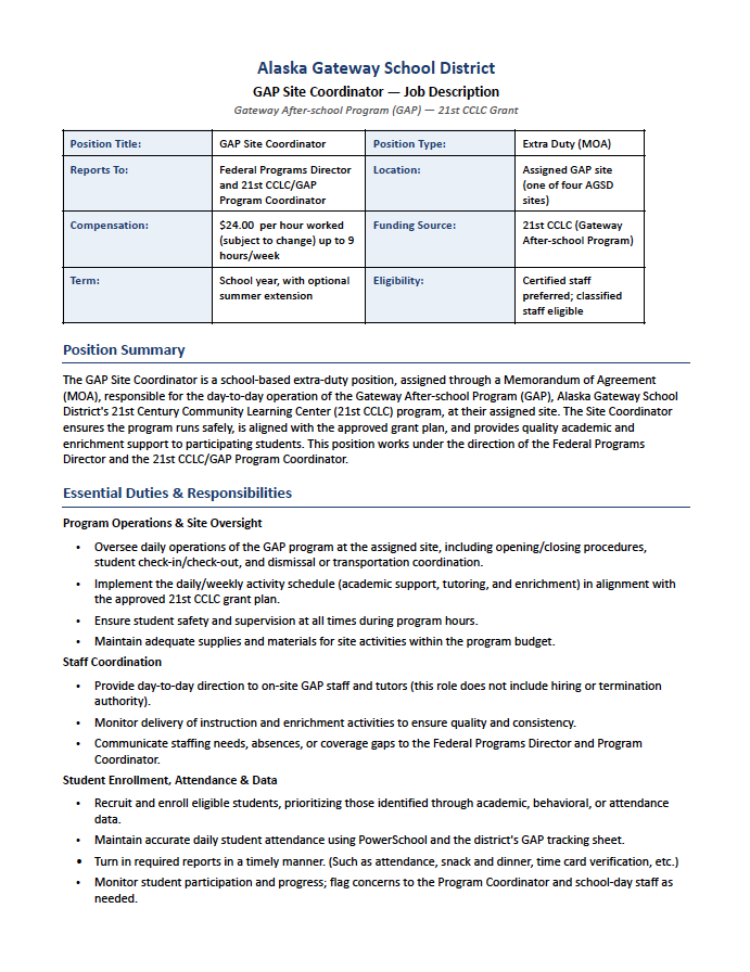 Job Vacancy - GAP Site Coordinator