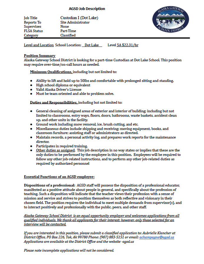 Job Vacancy - Custodian - Dot Lake School