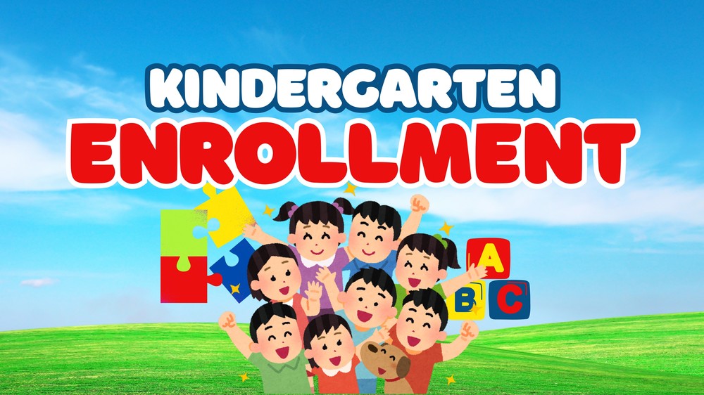 Text "Kindergarten Enrollment"; animated children, puzzle pieces and letter blocks