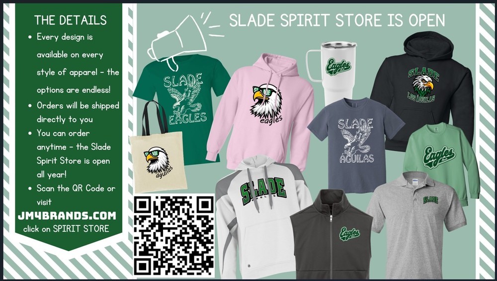 Image of apparel with different Slade and eagle logos, a banner with ordering information, and a QR code