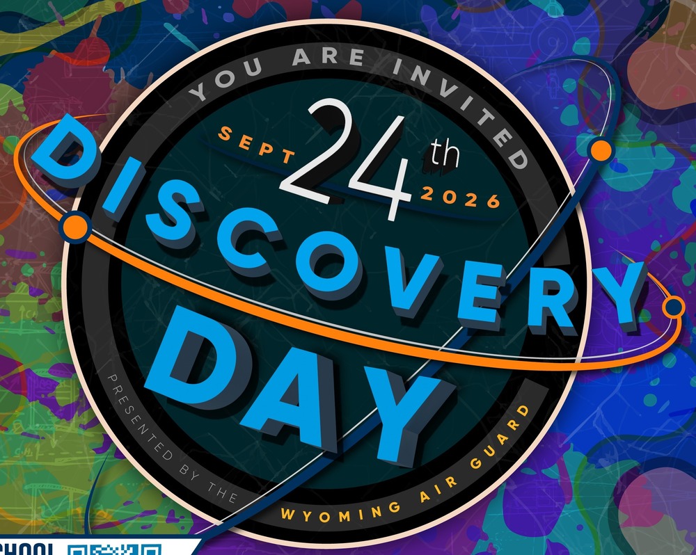 Event flyer reading "You Are Invited to 2024 Discovery Day: A Salute to STEAM" featuring colorful gear and abstract graphics.