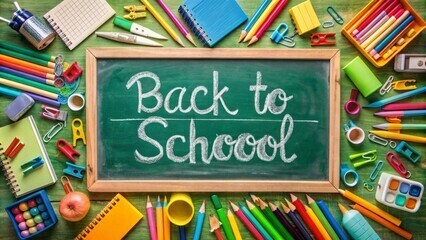 Green background with colored pencils, notebooks, pencils, paint, paper clips and and apple surrounding a chalkboard with a green background and words in white that say Back To School
