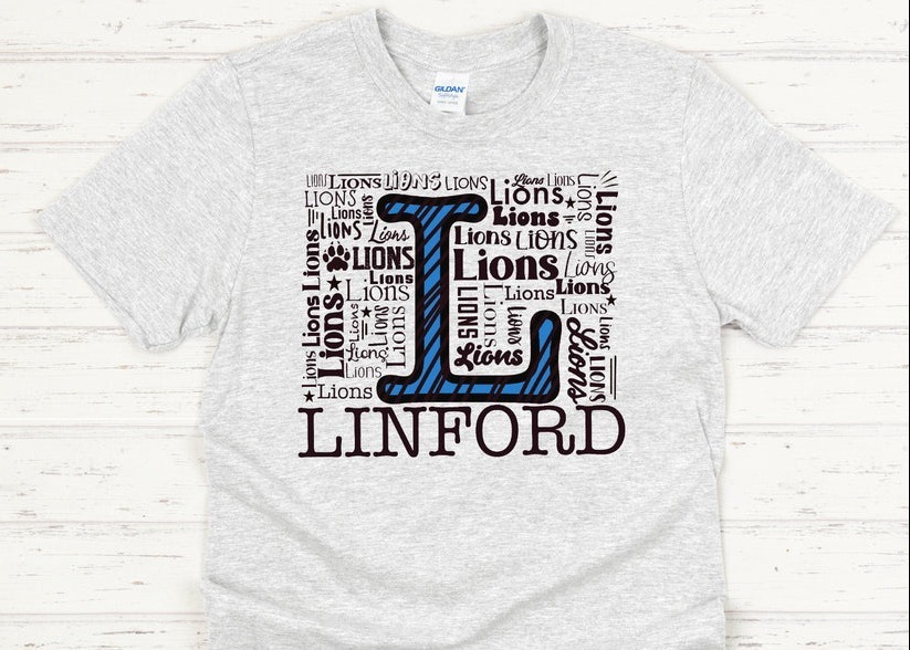 Shirt with Linford and Lion words in different sizes and fonts.