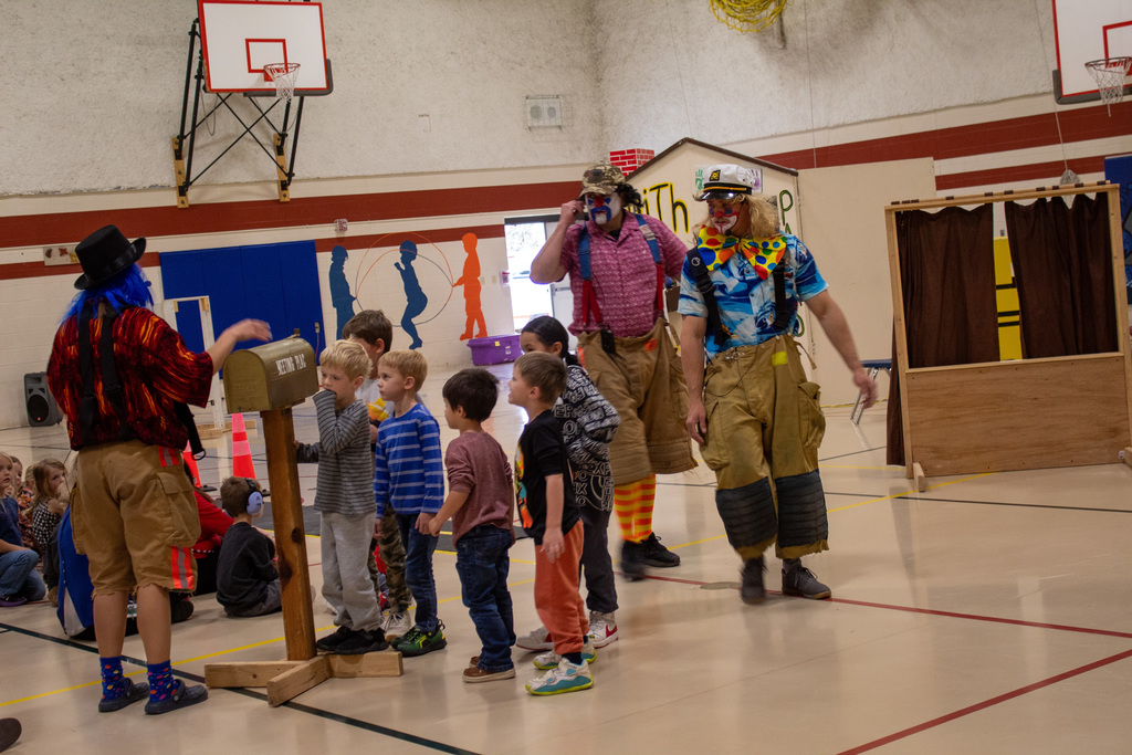 Fire Clowns talking to students