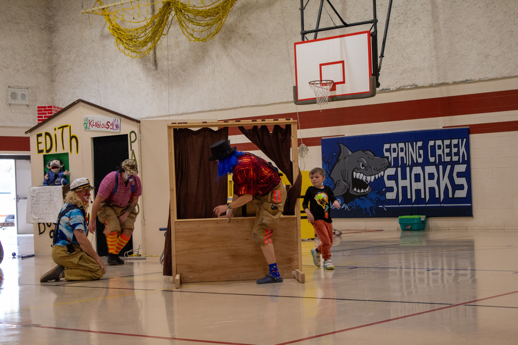 Fire Clowns talking to students