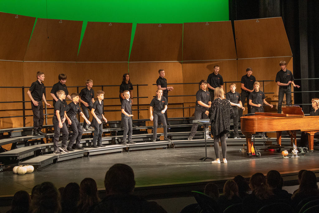 Students standing on three row risers, singing to audience.