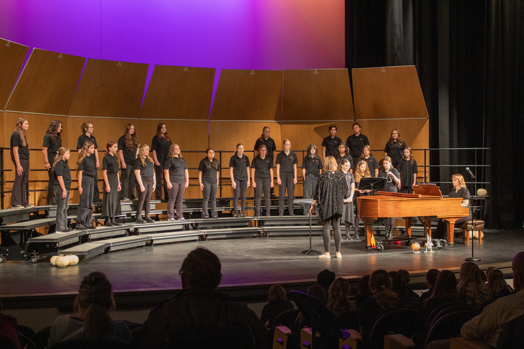 Students standing on three row risers, singing to audience.