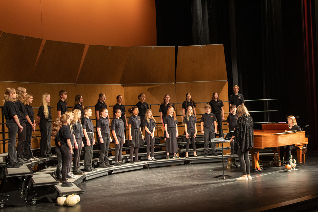 Students standing on three row risers, singing to audience.